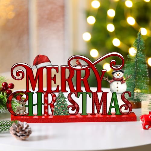 Cinnvoice 11.8 Inch Merry Christmas Sign - Red Green Table Decor (Variation: Christmas)