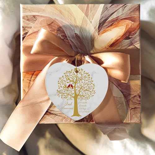 2 Year Anniversary Hanging Ornament for Him Her 2nd Marriage Wedding Gifts 2 Year Anniversary Valentines Ornament for Husband Wife Couple Christmas Ceramic Heart Keepsake