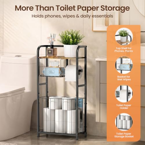 Black Freestanding Toilet Paper Holder Stand with Storage Shelf for Small Bathrooms