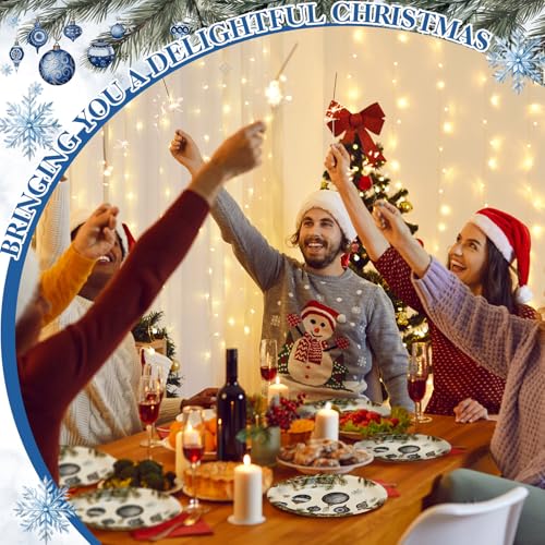 Tioncy 100 Count Xmas Ball Oval Paper Plates - Vintage Blue Holiday Party Disposables (100 / Xmas Ball)