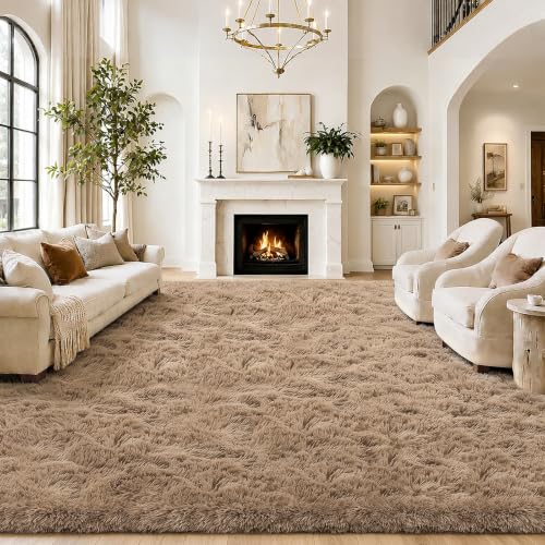 Beige 8x10 Shaggy Plush Area Rug - Large Furry Carpet for Living Room