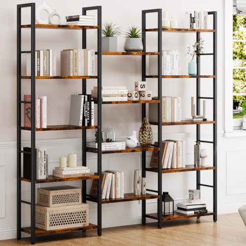 Shintenchi 5 Tier Wide Tall Bookshelf - Modern Triple Bookcase with 14 Shelves