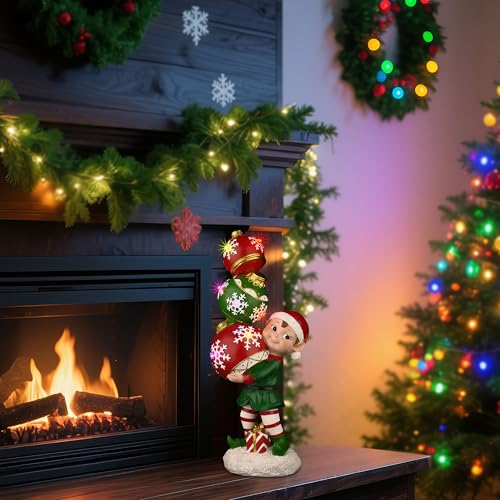 YUETJIN 12" Christmas Elf Figurine with Color-Changing LED Ornaments - Multicolor