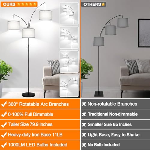Nintiue Matte Black Arc Floor Lamp with Grey Linen Shades, 3 Lights, Dimmable 3000LM LED Bulbs, Heavy Base, Modern Tall Standing Tree Lamp for Living Room & Bedroom