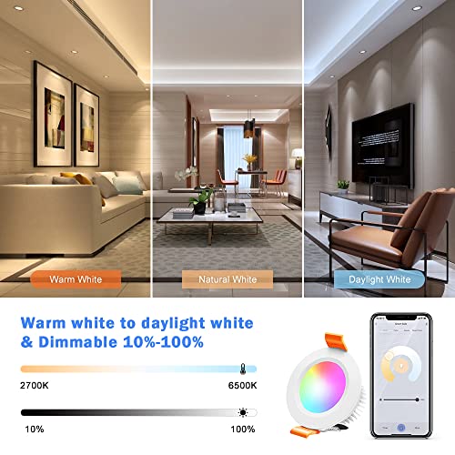 inShareplus Colorful White 6-Pack 2-Inch WiFi RGB Dimmable Recessed Ceiling Lights