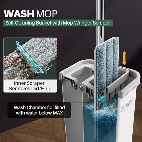 JOYMOOP White Lite133 Wall Mop and Bucket Set - Hands-Free Flat Floor Mop with 3 Washable Microfiber Pads for Home & Commercial Use