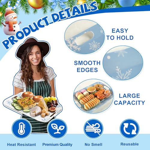 2Pcs Blue White Snowflake Melamine Serving Trays 16x11in - Winter Rectangular Platters with Handles