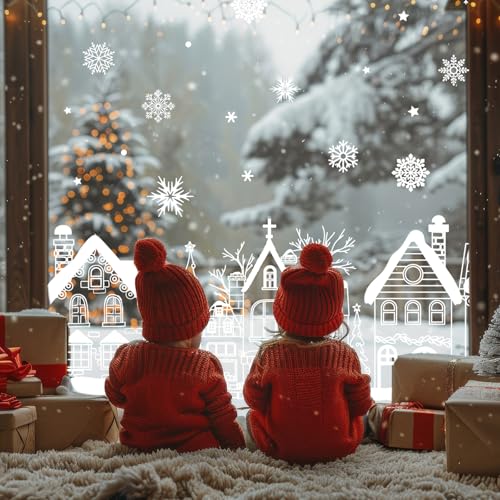 Extra Large Christmas Window Clings 4.3 Ft White House Snowflake Window Stickers Double-Sided Glass Decals for Winter Xmas Home Classroom Office Party Decoration