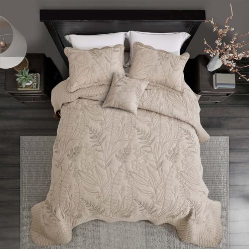 Oversized Full Bedspread Set with Leaf Stitching and Shams - Taupe, 5 Pieces - Variation of THIS listing