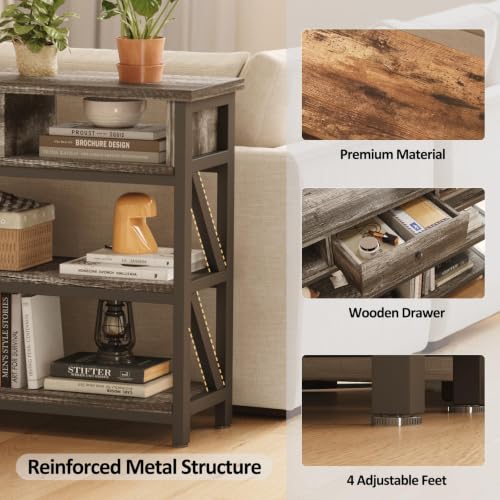 Grey Oak 39 Inch Console Sofa Table with Drawer and Shelves - Entryway & Living Room Storage