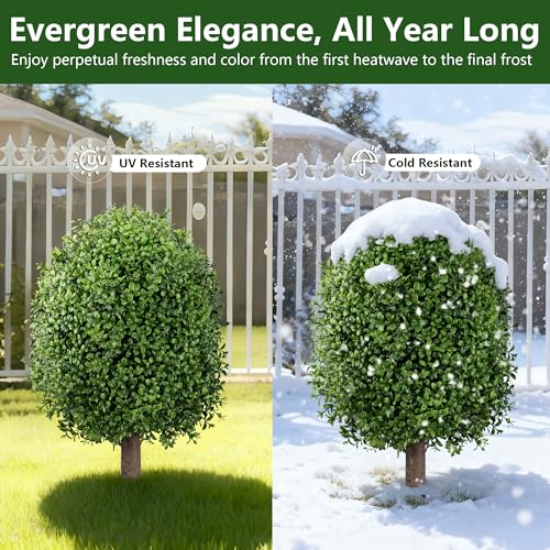 Green Boxwood Artificial Topiary Trees 24-Inch Outdoor Faux Bushes, 2 Pack