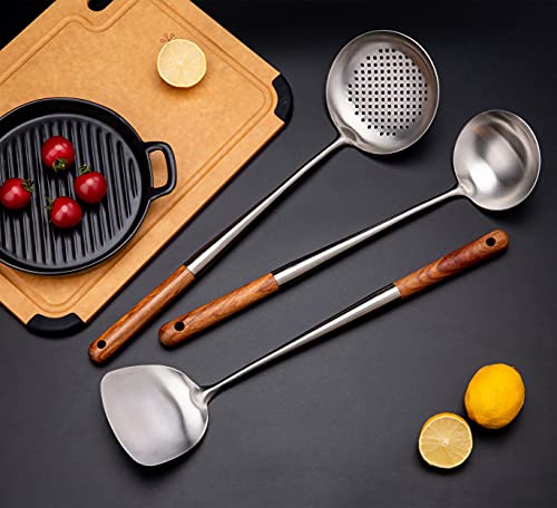 17-Inch Stainless Steel Wok Spatula and Ladle Set - 3-Piece Kitchen Utensil Set