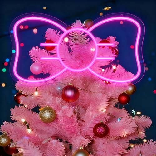 Nuanchu Pink LED Christmas Tree Topper with Bow and Neon Light - Cute Holiday Decor
