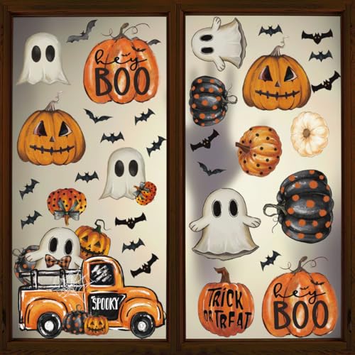 Horaldaily 40 PCS Halloween Window Cling Sticker, Jack-O-Lantern Pumpkin Truck Gnome Ghost Bats Cat Home Party Supplies Shop Window Glass Display Decoration