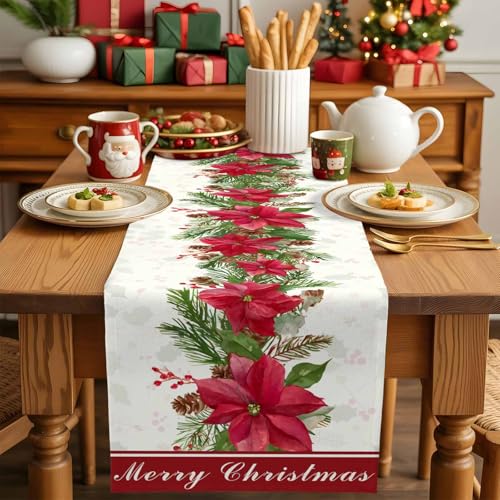 Smile Sunflower 13x72in Christmas Table Runner with Poinsettia & Floral Decor - Non-Slip, washable