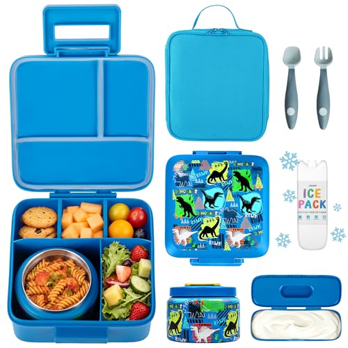 JXXM Dinosaur Blue Kids Bento Lunch Box Set with Thermo Food Jar & Leak-Proof Containers