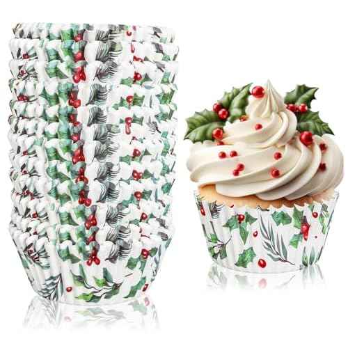 Whaline 300Pcs Christmas Cupcake Liners Holly Print Baking Cups Holders Watercolor Holly Jolly Cupcake Wrappers Red Green Berry Muffin Liners for Xmas Holiday Birthday Party Supplies