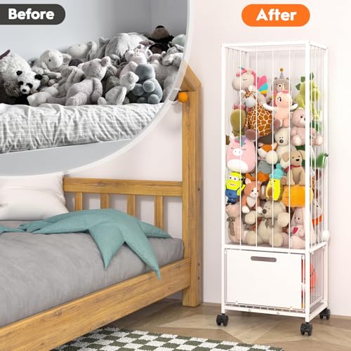 BUKFEN Metal Stuffed Animal Storage Zoo Organizer with Wheels, Large Plush Toy Holder