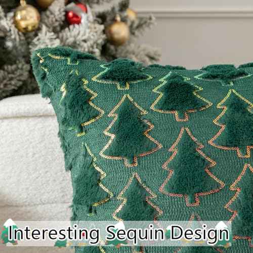 UGASA Christmas Tree Decorative Pillow Covers 18x18 Inch Set of 2 Soft Plush Faux Fur Luxury Sparkling Sequin Pattern Throw Pillows Pillowcases for Couch Sofa Holiday Festivals Home Decor, Dark Green