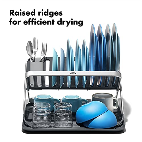 OXO Good Grips Aluminum Fold Flat Dish Drying Rack - 2-Tier, Removable Utensil Cup, Compact Storage