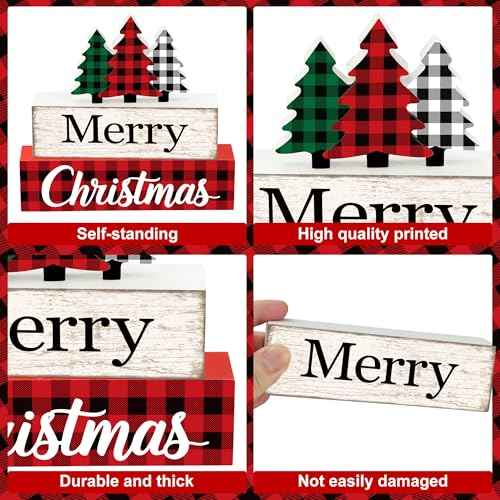 3 Pcs Merry Christmas Table Wooden Decor Christmas Tree Wood Block Sign Xmas Buffalo Plaid Tabletop Centerpiece Xmas Rustic Tiered Tray Decor for Winter Farmhouse Home Kitchen Office Shelf Decoration