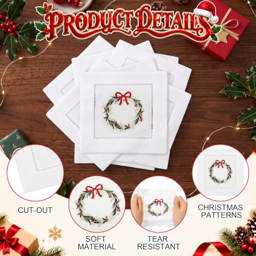 Moukeren 6 Pack Linen Christmas Cocktail Napkins with Hemstitch - Xmas Wreath Design