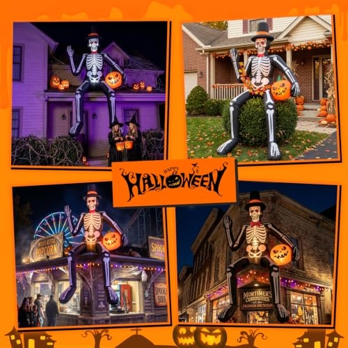 JOVIPOP 14ft Inflatable Sitting Skeleton Halloween Decor with Lights & Pumpkins