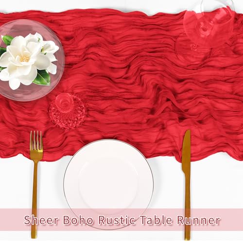 ACSUIT 3 Pack Red Cheesecloth Table Runner 17x108 Inch Semi Sheer Boho Fabric for Wedding & Party Decor