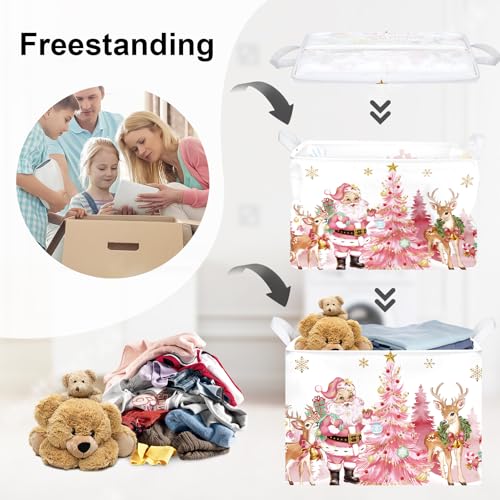 Pink Santa Claus Baby Laundry Hamper Christmas Clothes Kids Storage Basket Large Poinsettia Reindeer Sleigh Snowflake Girls Gift Toy Box Bin, Tree, 36L