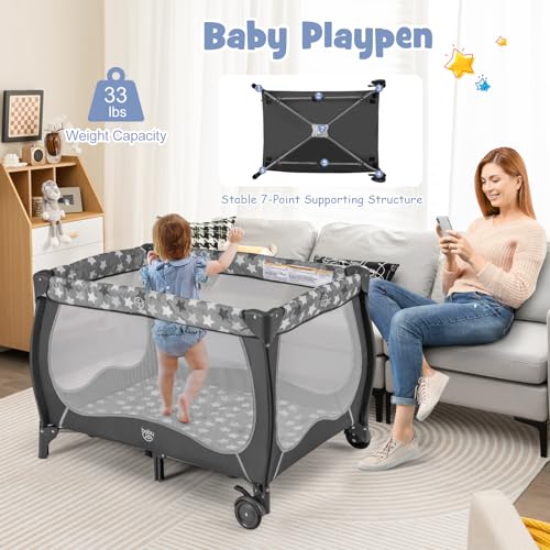 Baby Joy 4-in-1 Portable Baby Playard with Canopy & Changing Table - White Star
