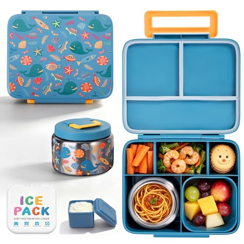 Kids Bento Lunch Box Set with 8oz Insulated Food Jar & Ice Pack - Blue Ocean