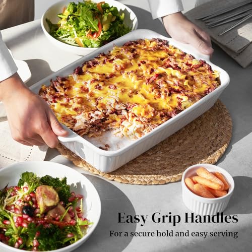 White Ceramic Casserole Dish Set of 3 Oven-Bakeware with Handles - Rectangular Baking Pans