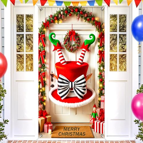 Christmas Elf Door Cover - 35x71 Inch Holiday Wall Banner for Front Door Decor