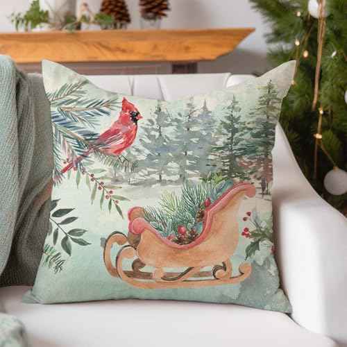 PANDICORN Winter Pillow Covers 18x18 Set of 4 Reindeer Sleigh Christmas Tree Forest Deer Xmas Winter Wonderland Decorations Outdoor Christmas Holiday Throw Pillow Cases for Sofa Couch Home Decor