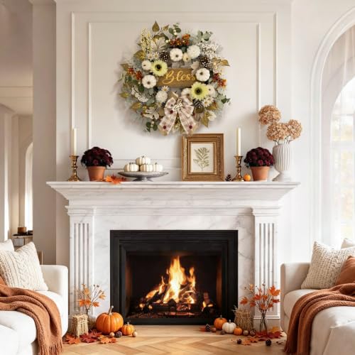 24-Inch Fall Wreath for Front Door with Lights and Timer - Farmhouse Decor