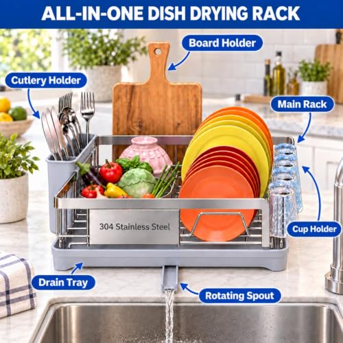 Godboat Dish Drying Rack - Silver Stainless Steel Kitchen Counter Organizer
