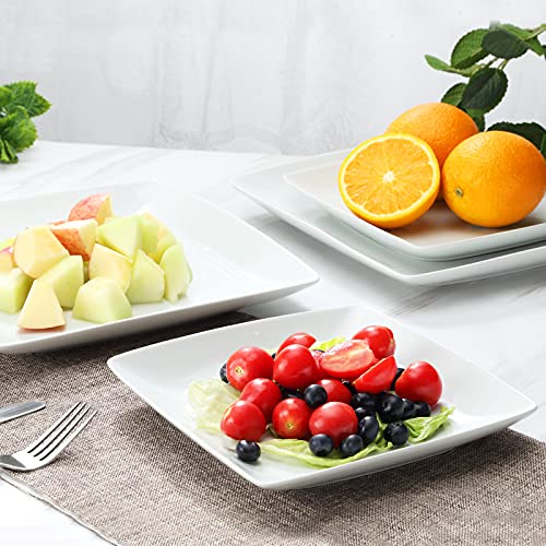 Porcelain Square Dinner Plates Set of 6 - 10.75 Inch White Serving Plates for Steak, Pasta, Salad & Snacks - Microwave & Dishwasher Safe