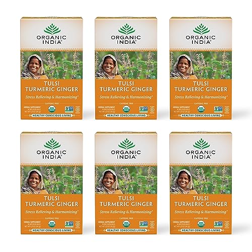 Organic India Tulsi Turmeric Ginger Herbal Tea 6 Pack (18 Bags Each) - Caffeine-Free Stress Relief