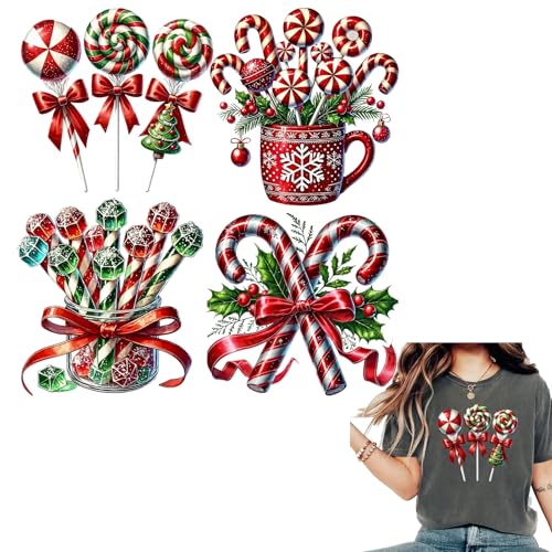 4pcs Christmas Candy Tree Bowtie Iron-On Transfers for T-Shirts & Crafts