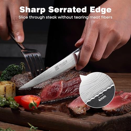 PAUDIN 4.5-Inch Steak Knives Set of 6 | Serrated High Carbon Stainless Steel