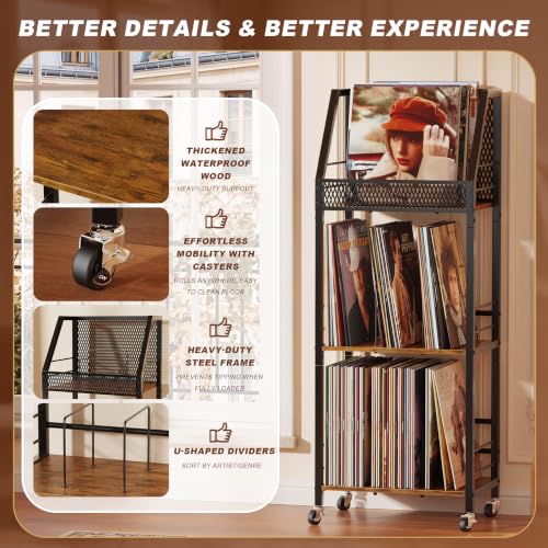 Vinyl Record Storage Holder for 300 Albums - 3-Tier Rolling Shelving Unit with Dividers