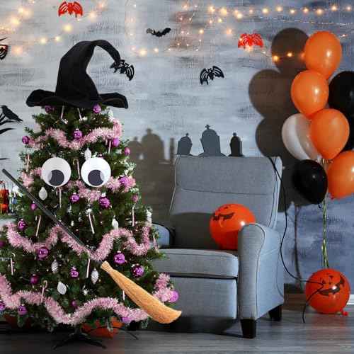 Gejoy 3 Pcs Halloween Tree Topper Witch Hat Decor Include Large Witch Hat Self Adhesive Wiggle Giant Googly Eyes and Reversible Broom for Halloween Christmas Tree Decor Masquerade Party Decoration