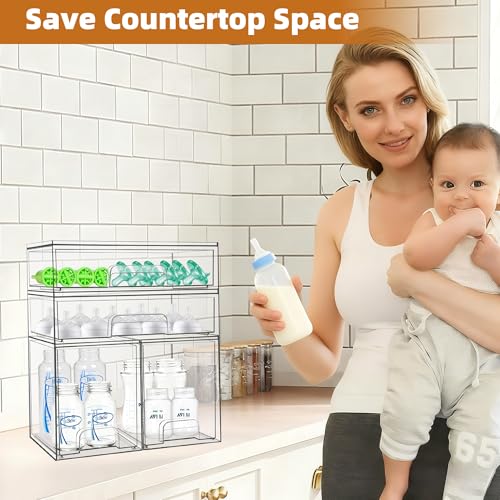Baby Bottle Organizer 4-Pack Stackable Acrylic Drawers with Labels - 2 High+2 Wide Variation