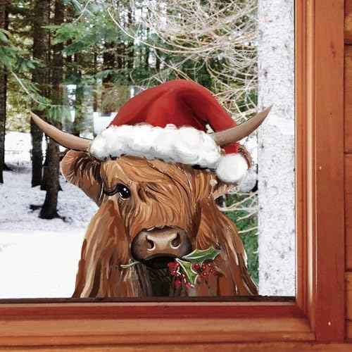 Christmas Window Clings Highland Cow Window Stickers Double-Side Glass Decals for Winter Xmas Farmhouse Home Party Supplies, 11.4 x 14.6 Inch, 4 Sheets
