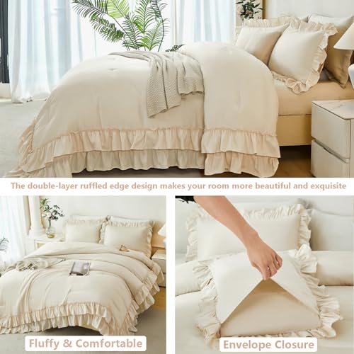 ANGIYUIN 5-Piece Queen Bedding Set Beige Double Ruffle Comforter Sheets