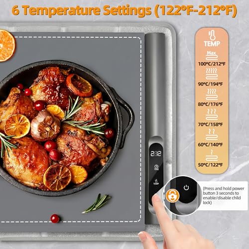 XXL Graphene Food Warming Mat 36x16 Inches with 6 Temp & Timer - Gray