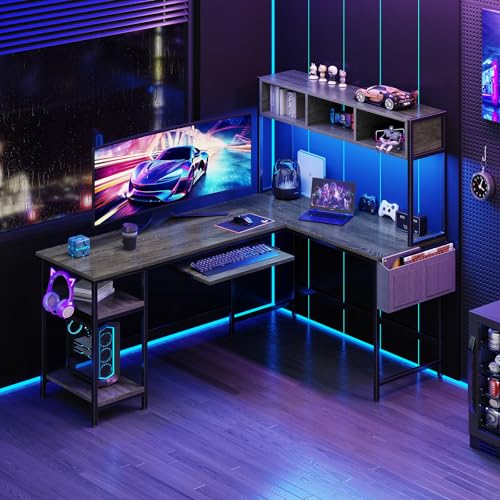 DUMOS Grey 67-Inch L-Shaped Gaming Desk with LED Lighting, Reversible Corner Computer Desk with Keyboard Tray & Storage Shelf