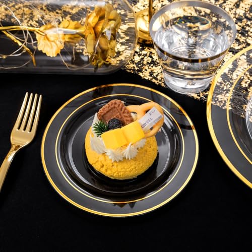 WELLIFE Clear Plates with Gold Trim 600-Piece Party Dinnerware Set - Service for 100, Includes Plates and Silverware, Variation: Clear Gold/600
