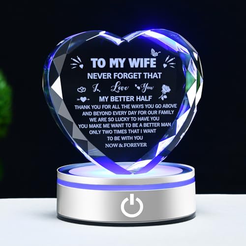 To My Wife Heart Crystal Lamp — Romantic Keepsake Gift from Husband, 6-Color LED Night Light (Wife)