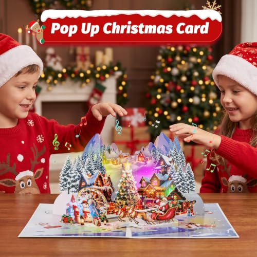 Pop Up Christmas Cards, 3D Snowy Forest Town Cards with Lights and